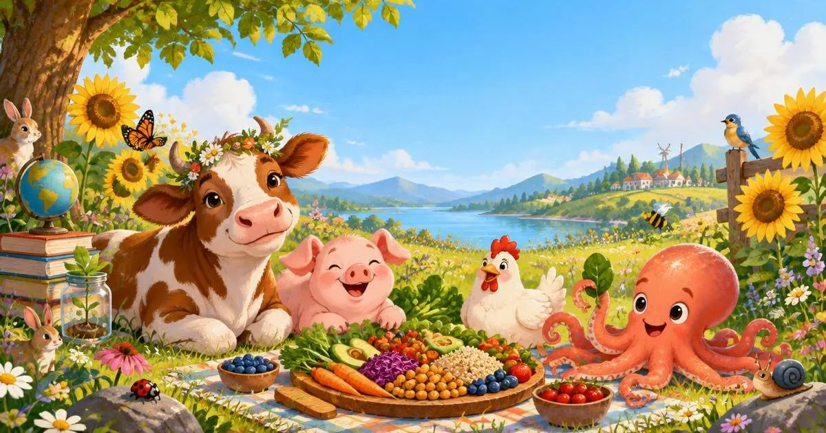 Kuh Clara, Schwein Pip, Huhn Chico und Krake Ollie teilen sich ein farbenfrohes, pflanzliches Picknick